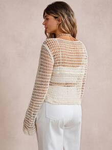 SHEIN VCAY Plus Size Crochet Floral Loose Thin Sheer Short Cover Up In Fall/Winter - Khaki - View 2