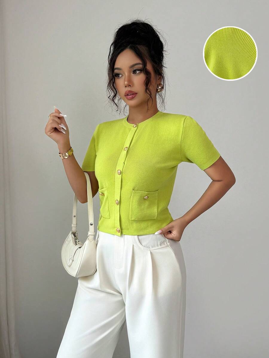 Elenzga Simple Solid Color Short Sleeve Cardigan, Casual Summer