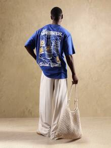 SUMWON Social Club 图案印花棉质 T 恤休闲都市街头风夏季休闲宽松常规版型舒适必备 - 寶藍色 - 查看 4