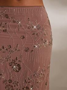 Opulessa Váy đuôi cá thêu họa tiết màu trơn cổ điển dành cho nữ, trang phục ngày lễ, trang phục mùa hè, váy sequin nâu đi nghỉ - Hồng - Xem 6