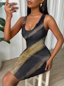 Almamuse Tie Dye Pleated Slim Fit Sleeveless Bodycon Dress For New Year Clothes Women Short Dresses Summer