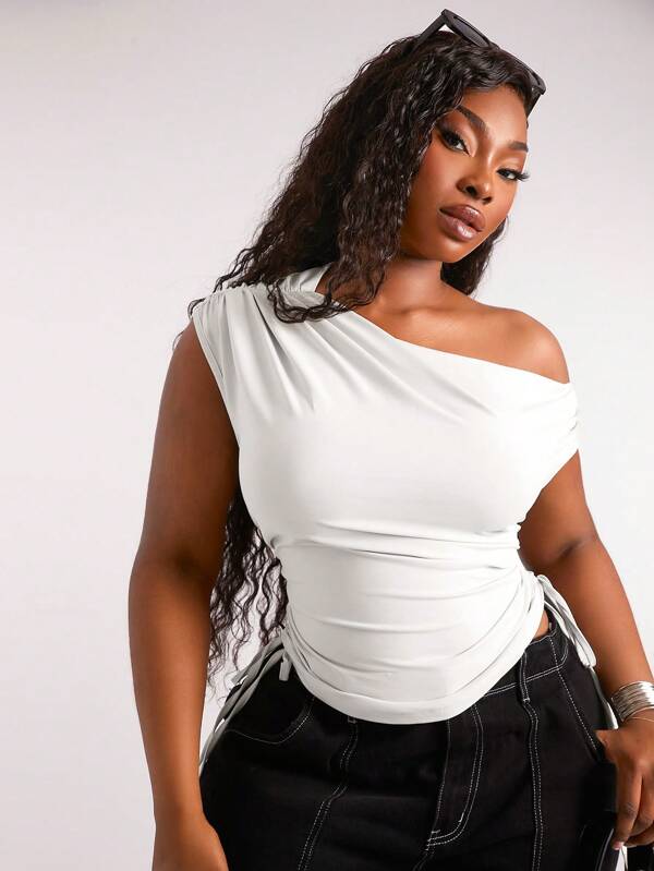 SHEIN SXY Plus Size Women Summer Fashionable Casual Sexy Asymmetric Shoulder Ruched Waist Short Tee, Suitable For Everyday Wear, Western Wear, Cruise Attire, Music Festival, Concert, Carnival Party, Beach Vacation, Date Night, Birthday, Bachelorette Party, Club, Cute, Casual, Shopping, Streetwear, Going Out, Easy To Match & Looks Slim, Accent Your Body, Flatter The Figure,Going Out White Tops