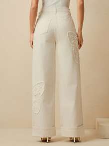 Anewsta 女士新款时尚优雅刺绣情人节派对蓝色直筒牛仔裤 - 杏色 - 查看 4