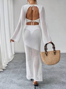 Elenzga Áo choàng đi biển mùa hè hở lưng khoét rỗng màu trơn dành cho nữ - trắng - Xem 2