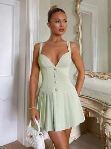 Relinas Women's Fashion Country Style Sleeveless Short Dress With Pleated Hem, Asymmetrical Neckline, Low Waistline, A-Line Flared Hemline, Gold Button, Light Green Woven Fabric, Suitable For Spring & Summer Fall Women Clothes Back To School