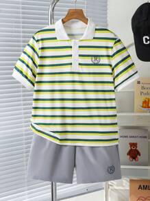 SHEIN Explorewe 青少年男童条纹 Polo 领短袖 T 恤和短裤套装，夏季休闲装 - 彩色 - 查看 3