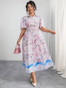 Modelyn 大码花卉印花优雅短袖连衣裙 - 彩色 - 查看 3