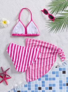 Bộ đồ bơi 3 món cho bé gái, họa tiết sọc và hoa phong cách đi biển - Màu Hồng Tươi - Xem 2