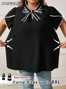 SHEIN CURVE+ Große Größen Lässig Kontrast-Farbiger Kragen mit Krawatte Vorderseite Hemd, Sommer-/Land-/Strandurlaubs-Outfits/Strand-Outfits/Strand-Bekleidung