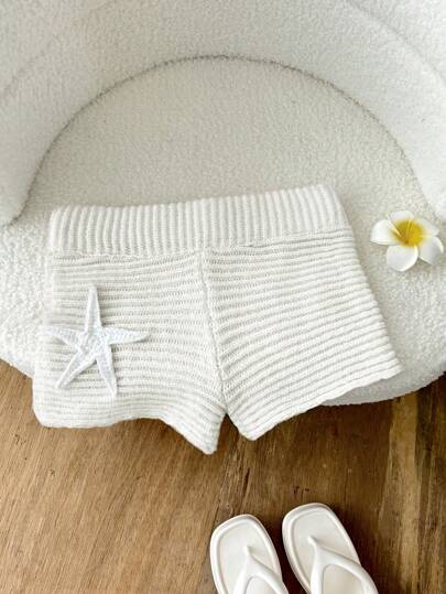 Elamini Crocheted Starfish Texture Pink Knit Shorts