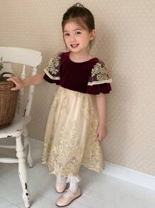 DAZY Vestido de niña de estilo vintage burdeos, ropa de otoño para niña joven - Burdeos - Ver 7