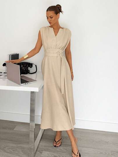 Siren Gaze Women's Elegant Solid Color Notched Neck Long Dress, Summer Evening Dress