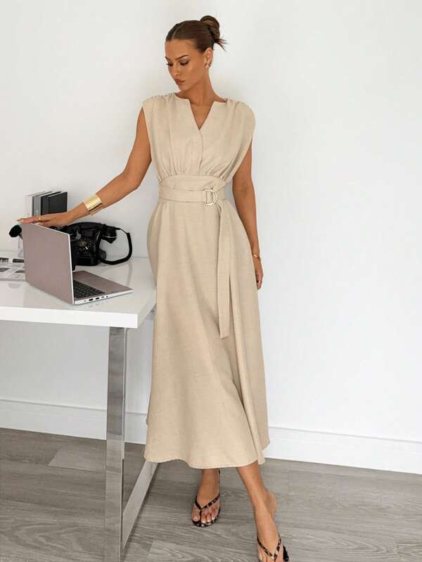 Siren Gaze Women's Elegant Solid Color Notched Neck Long Dress, Summer Evening Dress