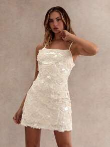 Glamine 女士休闲时尚串珠修身吊带背心迷你连衣裙，女士白色连衣裙，女士迷你连衣裙，女士白色迷你连衣裙，女士夏季连衣裙，女士度假装，女士白色连衣裙，优雅派对连衣裙，女士婚礼宾客连衣裙，白色亮片迷你连衣裙 - 杏色 - 查看 3