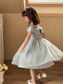 SHEIN Little Byeori 年轻女孩优雅露肩网眼拼布派对连衣裙 - 綠色 - 查看 5