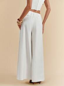 SHEIN BAE Women's White Solid Color Twill Pleated Pocket Simple Low Waist Trousers, Suitable For Commuting, Leisure, Fashion Going Out, Retro Style, Office Wear, Autumn Women's Pants, Wide Leg Pants, Casual Pants, Loose Wide Leg Pants,Fall Clothes ,Back To School,Old Money Style Women,Stockholm Style,Business Casual Woman