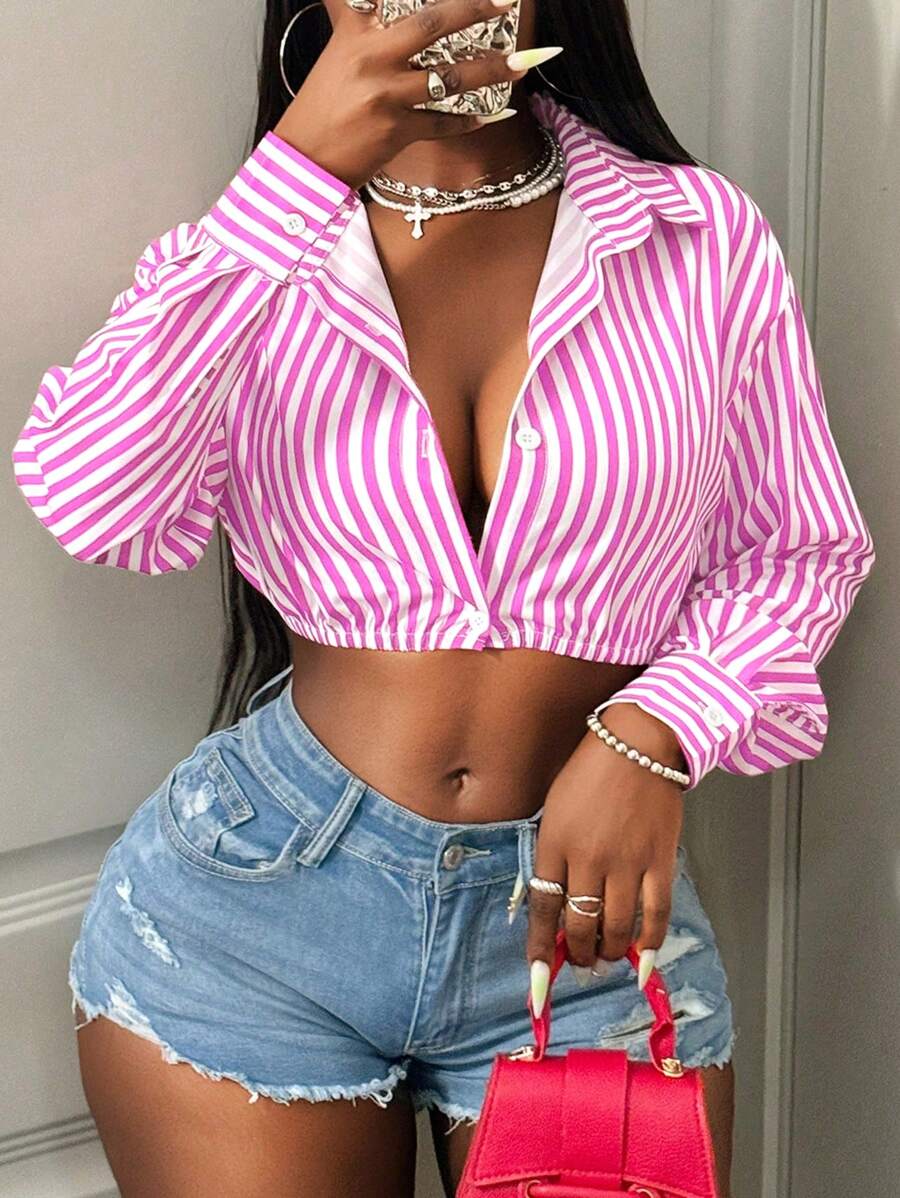 BamGleam 女式长袖单排扣条纹短款性感衬衫