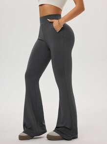 SHEIN Sport Studio Women's High Waist Solid Color Flare Leg Workout Pants For Everyday Wear Yoga Pants Flare Yoga Dress Pants Yoga Flare Pants Grey Yoga Pants Leggings Flared