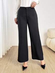 Modelyn Pantalones rectos de diseño de panel elegante azul marino para mujer - Iron Gray - Ver 1