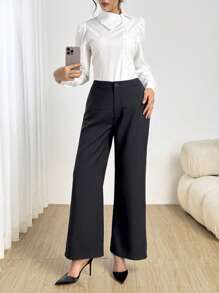 Modelyn Pantalones rectos de diseño de panel elegante azul marino para mujer - Iron Gray - Ver 4