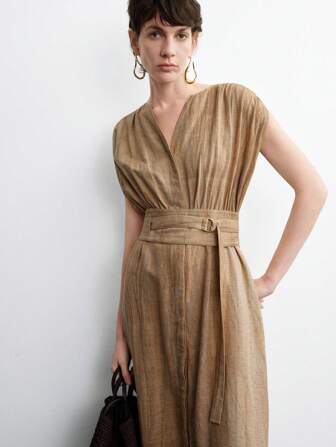 Aalyst Vestido de mujer de lino y lyocell de doble color con escote en V en la parte delantera, sin mangas, hombros caídos, cintura fruncida, cinturón con hebilla en D, bolsillos, estilo elegante francés, lujoso, informal y cómodo para vacaciones u oficina, para primavera/verano