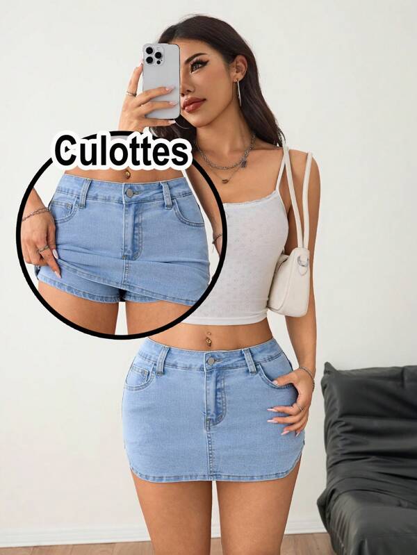 SHEIN PETITE Women's Comfortable High-Elastic Sexy Mini Denim Skort Y2K Music Festival Summer Casual Wear