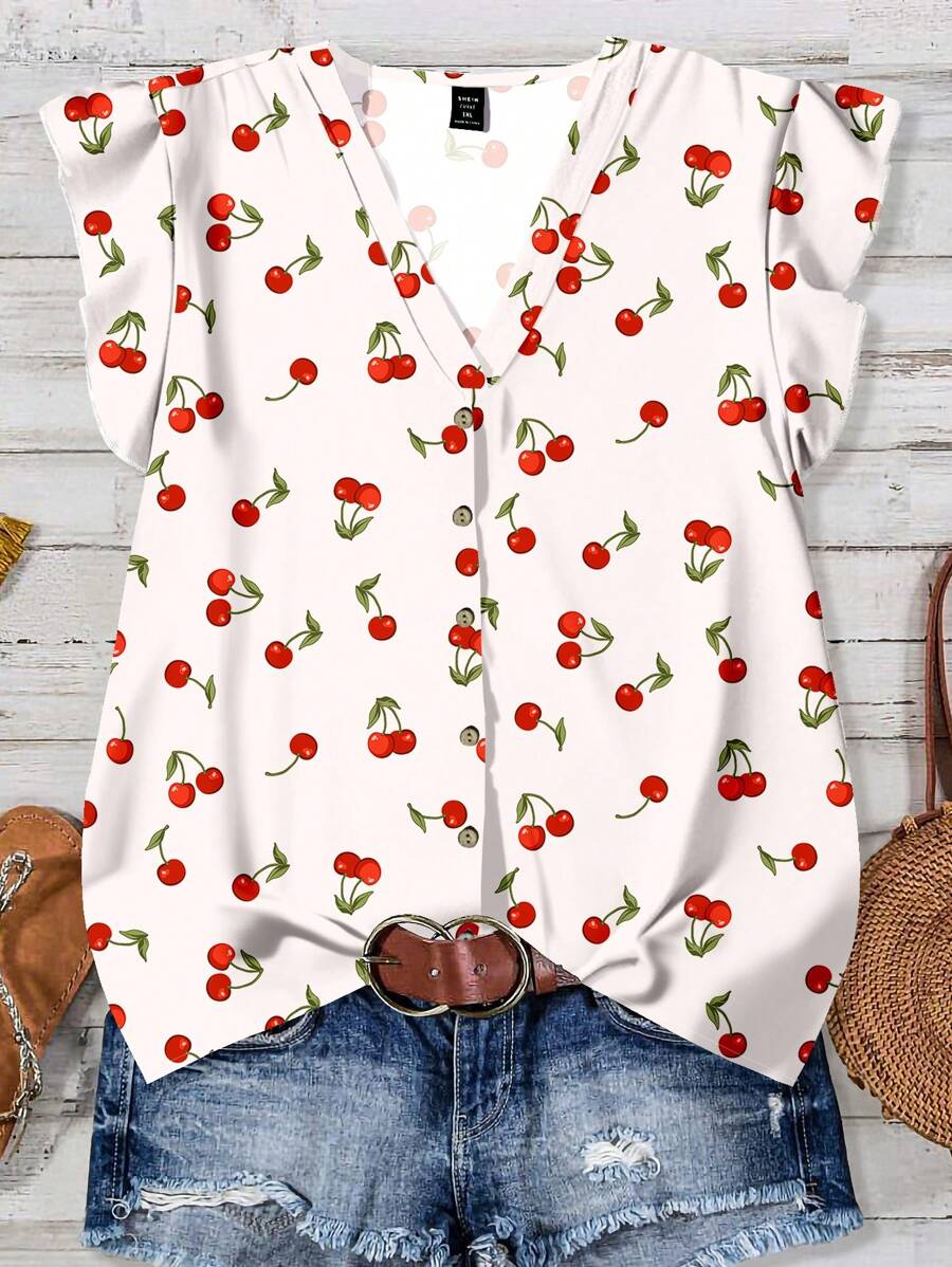 SHEIN Clasi Camisa suelta y casual con estampado de cerezas de la marca VCAY, talla grande, apta para el verano