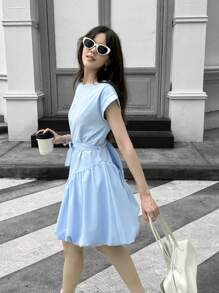 SHEIN Vestido de verano elegante con parche floral de estilo capullo para niñas adolescentes - Celeste - Ver 4