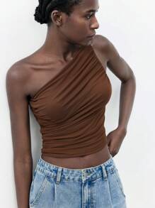 Maija 新款咖啡棕色不对称剪裁单肩系带褶皱女式上衣，春夏款 - 棕色 - 查看 6