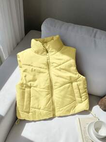 Comfortcana Women Casual Yellow Zipper Reversible Button Corduroy Drawstring Cropped Padded Vest In Fall/Winter - Yellow - View 1