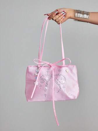 Kawaii Süße süße rosa Schleife & Herz Strass Dekor Perlen Satintasche für Frauen Y2K Kreuz & Stern Blumen Dekor Zugband Tragetasche, geeignet für Urlaub, Reisen, Einkaufen, Pendeln