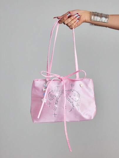 Kawaii Sweet Cute Pink Bow & Heart Rhinestone Decor Pearl Satin Shoulder Bag For Women Y2K Cross & Star Flower Decor Tie Up Tote Bag, Suitable For Vacation, Travel, Shopping, Commute