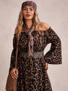Freevana Vestido casual de talla grande con corte evasé, lazo delantero, volante en el dobladillo y abertura alta, estampado de leopardo, en estilo bohemio para otoño/invierno