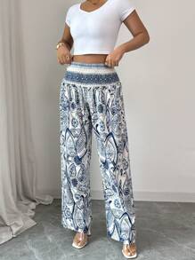 Chiquease Women's Floral Print Shirred Waist Pants, For Vacation Fall Cloth For Women