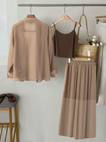 SHEIN LUNE Quần dài thường ngày thanh lịch bán trong suốt cỡ lớn, có dây đeo, màu trơn, bộ đồ đi biển 3 món - màu nâu - Xem 2