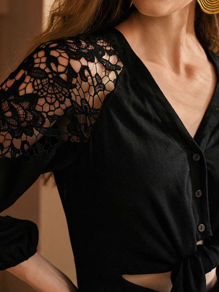 LINEN CONTRAST LACE CUT OUT DRESS