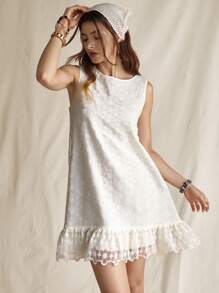 Wildy Robe mini femme à col rond sans manches avec volants, style de vacances à rayures bleu et blanc - Beige - Voir 3