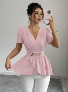 Elenzga 全新女士 V 领梭织面料荷叶边袖腰部装饰纽扣交叉下摆荷叶边设计优雅日常休闲修身衬衫 - 粉色 - 查看 3