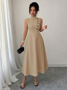 Elenzga Elegant Holiday Casual Sleeveless Dress With Decorative Button, Spring/Summer