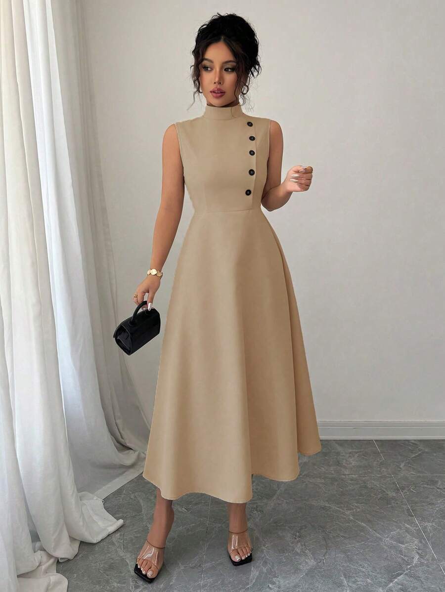 Elenzga Elegant Holiday Casual Sleeveless Dress With Decorative Button, Spring/Summer