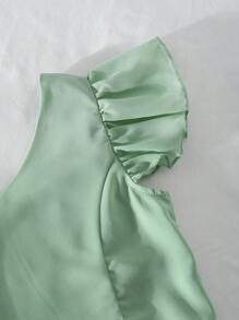Tween Girl Mint Green Summer Tea Party Elegant V-Neck Short Sleeve Cropped Shirt & Elastic Waist Loose Chiffon Straight-Leg Outfit,Breathable Set - Green - View 3