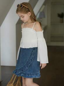 Tween 女童 2025 年春夏新品，独特交叉装饰优雅荷叶边下摆 A 字裙，时尚百搭又甜美，适合日常活动、外出和社交聚会 - 中等水洗藍 - 查看 4