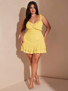 SHEIN BAE Plus Size Women's Elegant Romantic Sexy V-Neck Sweet Cute Versatile Date Night Red Ruffle Hem Mini Dress, Casual Short Dress For Beach Vacation Party,Flowy Dress - Yellow - View 2