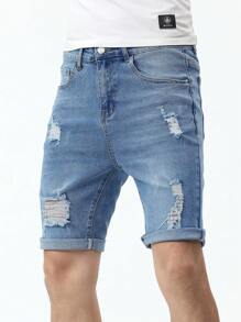 Manfinity Homme Men's Pocket Ripped Cuffed Casual Versatile Denim Shorts Ripped Jorts - Light Wash - View 7