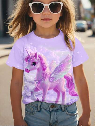 Young Girl Casual Minimalist Design Round Neck Short Sleeve T-Shirt, Suitable For Summer