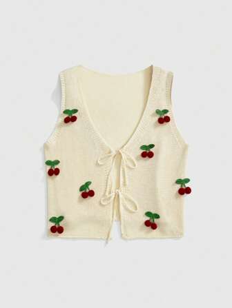 Women's Casual Cherry Embroidery Knit Cardigan Vest, Spring/Summer