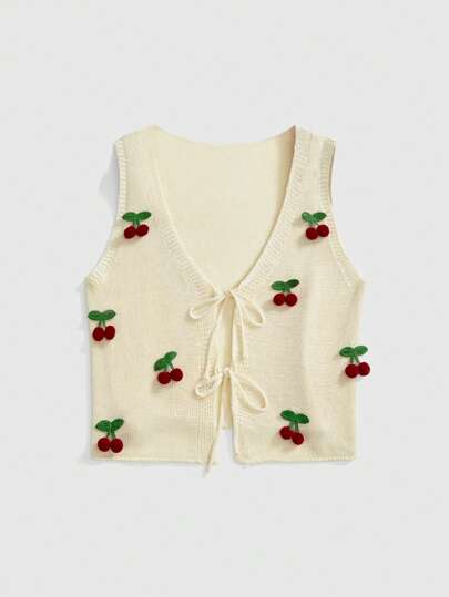 Gilet cardigan tricoté à broderie de cerises décontracté pour femme, printemps/été