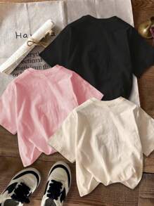 SHEIN Leap Crew 3pcs/Set Cute Cartoon Young Girl Graphic Basic Round Neck Short Sleeve T-Shirt, Casual, Suitable For Spring & Summer - Multicolor - View 2