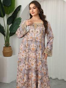 Al Najma Plus Size Women Floral Print Long Sleeve Loose Arabian Dress Kaftan Jalabiya Dress - Multicolor - View 5