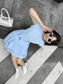 SHEIN Vestido de verano elegante con parche floral de estilo capullo para niñas adolescentes - Celeste - Ver 6